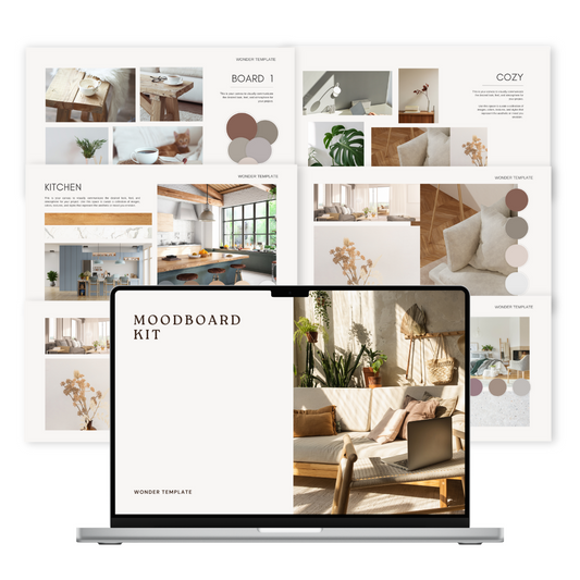 A collection of digital moodboard templates displayed on a laptop and printer paper, with a modern interior design theme.