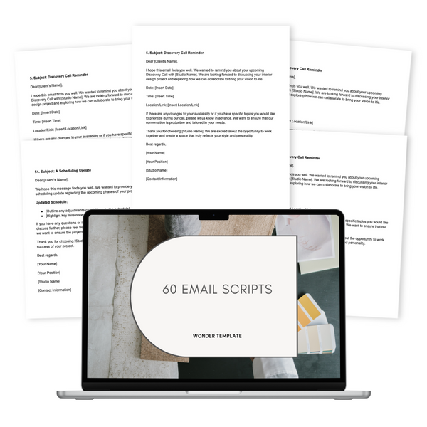 A computer screen displaying a document titled '60 EMAIL SCRIPTS' with various text contents visible, indicating it's a template or a guide.