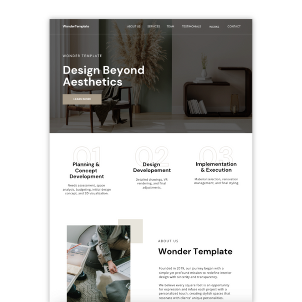 A website template preview featuring an interior design firm's homepage with services, team, and contact information sections.