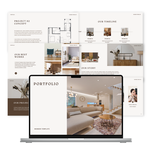 A digital portfolio template displayed on a laptop screen, with pages including project overviews and case studies.